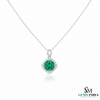 Round Emerald and Diamond Halo Pendant in 18K Gold May Birthstone Jewelry