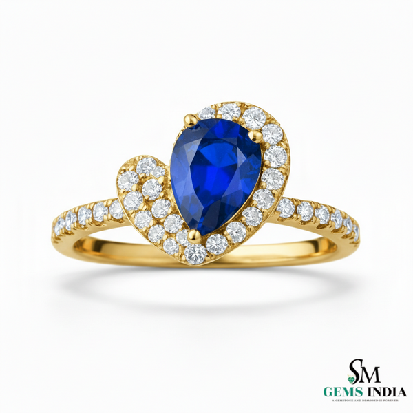 Pear Shape Blue Sapphire Diamond Ring with Heart Halo - Promise Ring