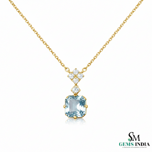 March Birthstone Octagon Cut Aquamarine & Diamond Pendant - Blue Gemstone Jewelry
