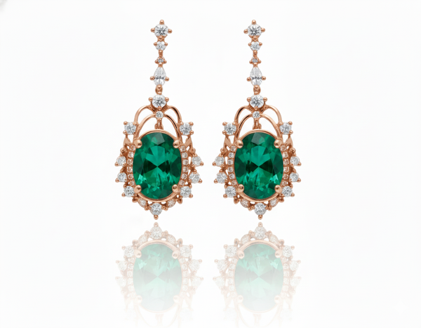 5.50 carat Oval Natural Emerald and Diamond Dangle Earrings in 14K Gold Green Gemstone Jewelry