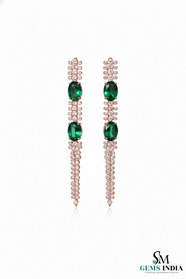 Emerald Oval Drop Earrings with Diamond Chain - Fine Emerald Jewelry