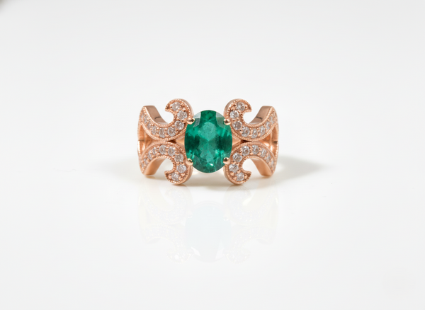 Oval Emerald And Diamond Engagement Ring in 18k Solid Gold Vintage Scroll Band Engagement Ring