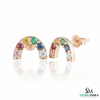 Multicolor Sapphire Rainbow Arch Stud Earrings – Diamond Accent Minimalist Curve Earrings for Women