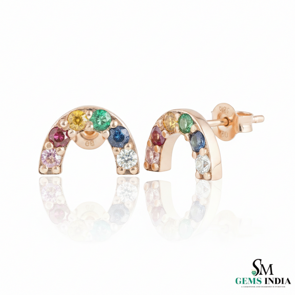 Multicolor Sapphire Rainbow Arch Stud Earrings – Diamond Accent Minimalist Curve Earrings for Women