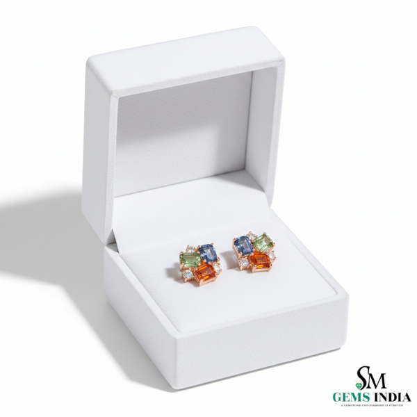 Multicolor Emerald Cut Gemstone Cluster Stud Earrings - Diamond Accent Geometric Stud Earrings for Women