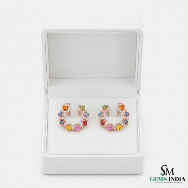 Cushion Gemstone Multicolor Sapphire & Diamond Open Hoop Earrings