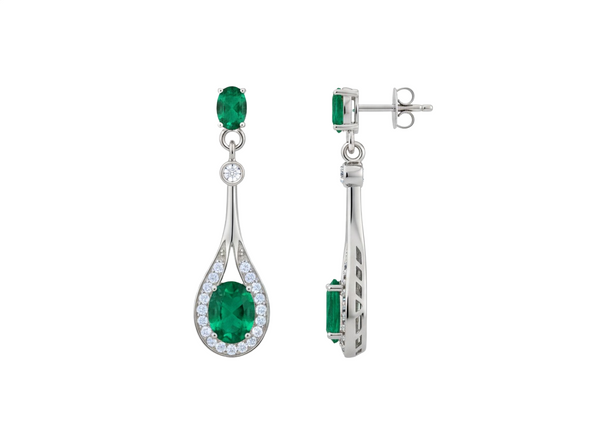3.20 carat Oval Natural Emerald Teardrop Earrings in 14k Gold Diamond Accent Drop Style