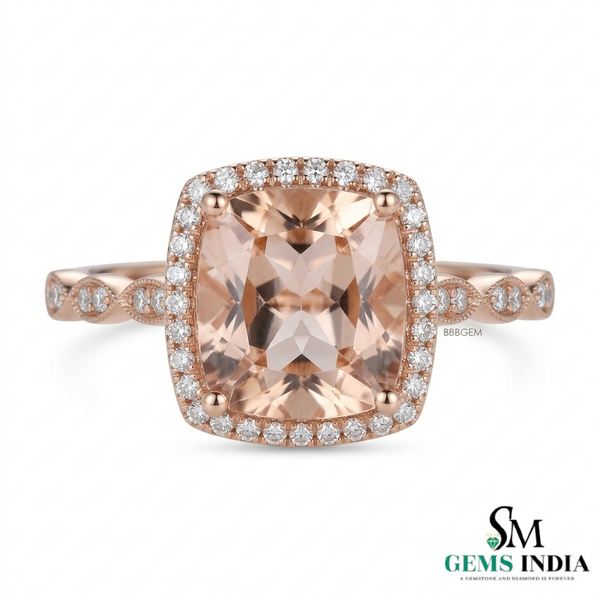 Cushion Cut Peach Statement Morganite Halo Ring with Brilliant Diamond Border
