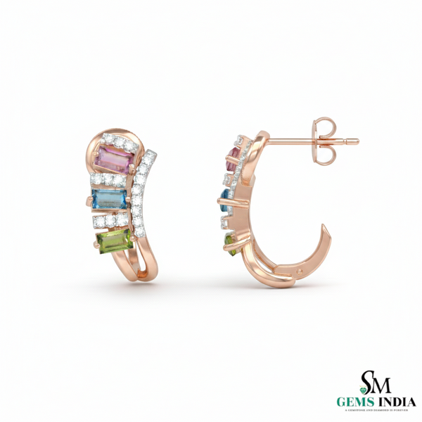 Multicolor Baguette Sapphire & Diamond Hoop Earrings