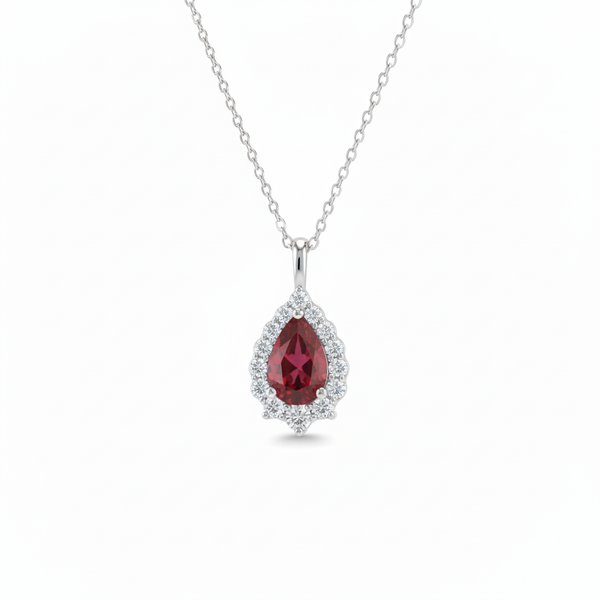 Pear Cut Natural Ruby and Diamond Halo Pendant in 14K gold