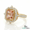 Emerald Cut Peach Morganite Ring with Diamond Halo Engagement Ring