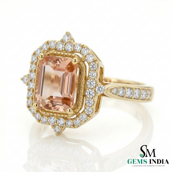 Emerald Cut Peach Morganite Ring with Diamond Halo Engagement Ring