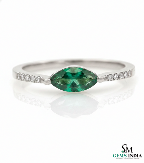 Minimalist Marquise Cut Green Emerald Ring with Diamond Accent Band – Delicate Fine Jewelry