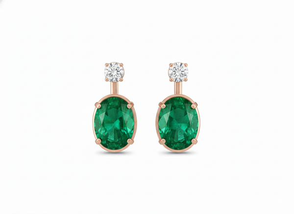 2.50 carat Oval shape Natural Emerald and Diamond Stud Earrings in 14k Gold