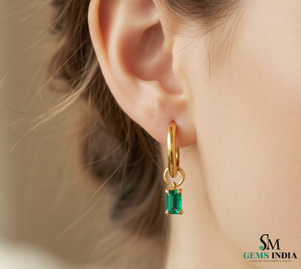 Emerald Cut Emerald Drop Hoop Earrings in Gold – Dainty Emerald Huggie Earrings
