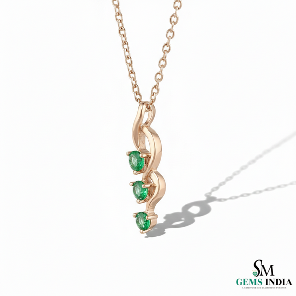 Three Stone Green Emerald Drop Twist Pendant - Halo Gemstone Pendant