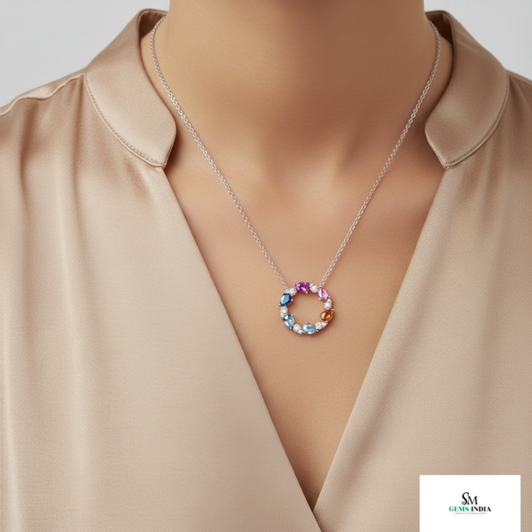 Rainbow Gemstone Circle Pendant Necklace in 18k gold Multicolor Pear Cut Stones Jewelry