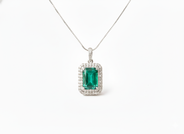 7.10 carat Glamorous Emerald and Diamond Halo Pendant Sparkling Double Diamond Halo