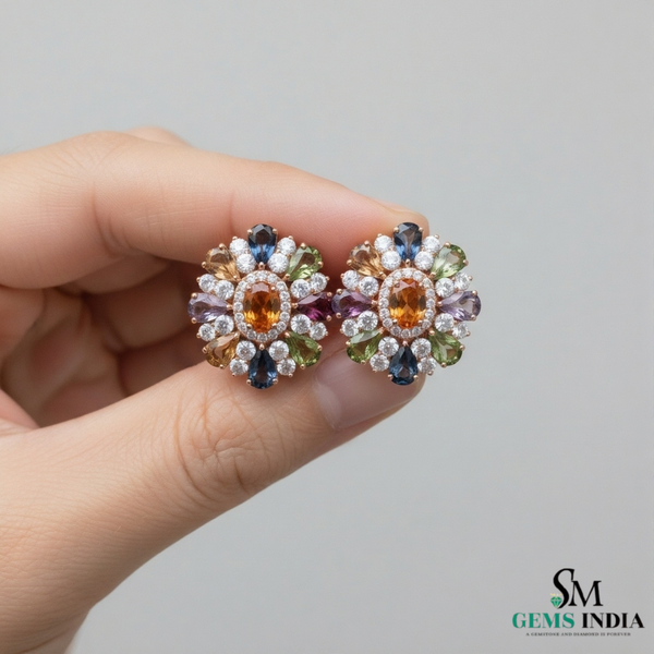 Pear shaped Multicolor Gemstone Floral Stud Earrings Diamond Accent Cluster Studs