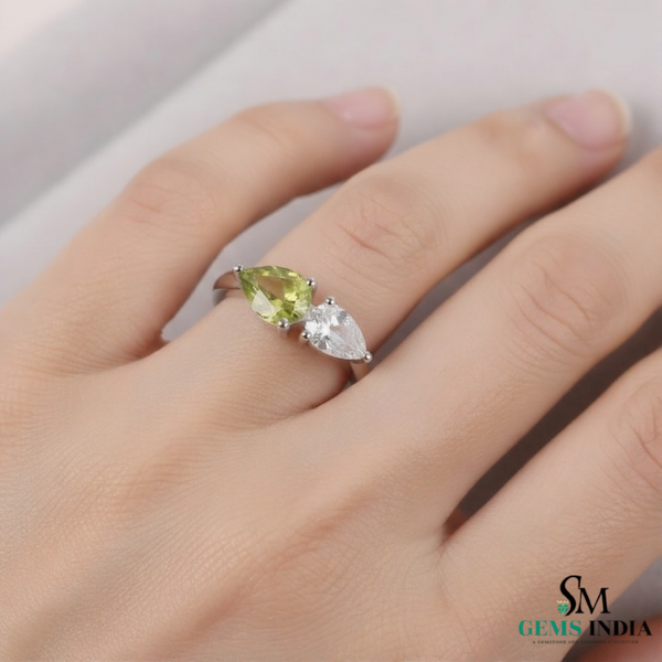 Natural Peridot and Moissanite Two-Stone Ring - Toi et moi ring