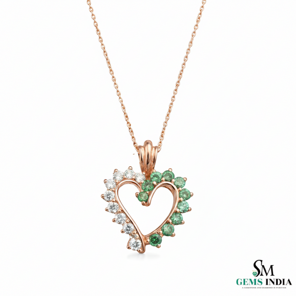 Green Emerald and White Diamond Open Heart Gold Pendant &\- Two Tone Pendant