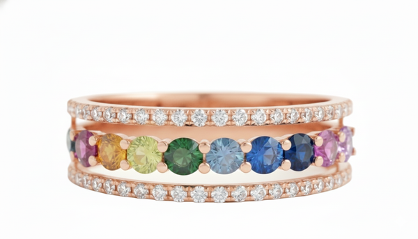 Doppelter Smaragd-Ring in offenem Design aus 14 Karat Gold – Band mit quadratisch und rund geschliffenen grünen Edelsteinen