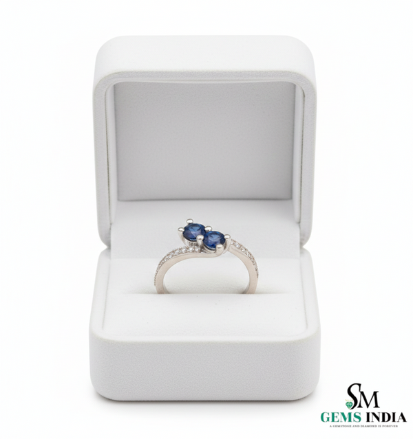 Round Cut Blue Sapphire & Diamond Two Stone Ring - Toi et moi Ring
