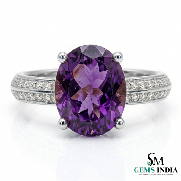 Oval Amethyst Engagement Ring in 14K Gold with Diamond Band