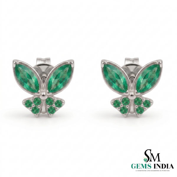Emerald Marquise Butterfly Stud Earrings – Green Gemstone Diamond Accent Nature Inspired Fine Jewelry