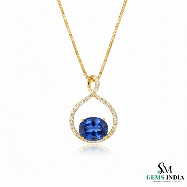 Elegant Oval cut Blue Tanzanite & Diamond Teardrop Pendant