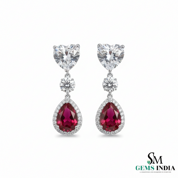 Pear Ruby Drop Earrings with Heart Moissanite & Diamond Accents in 18k Gold