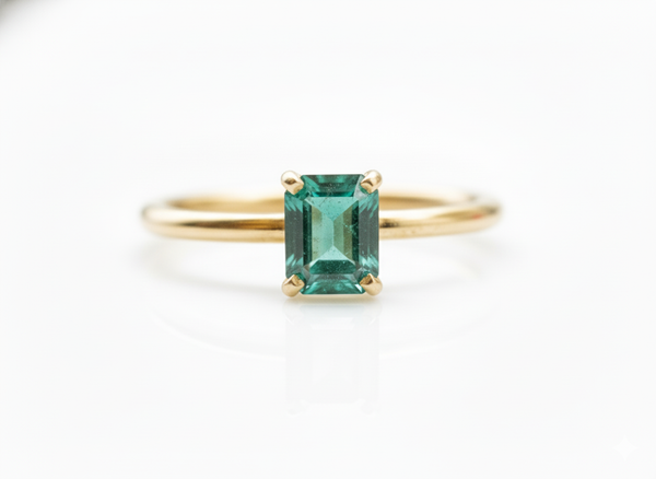 14k Solid Gold Emerald Ring: Octagon Solitaire Design - May Birthstone Ring