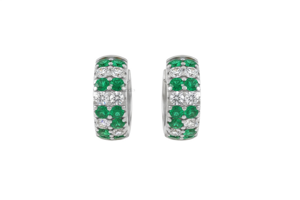 Natural Emerald Diamond Mini Hoop Earrings Round Emerald Luxury Hoops Huggie Earrings