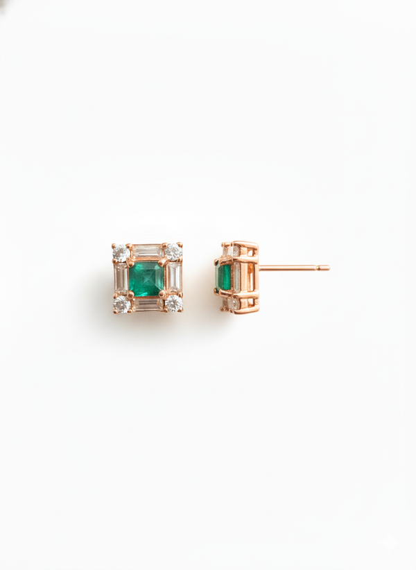 Square shape Natural Emerald Halo Studs with Diamond Accents – Fine Gold Earrings