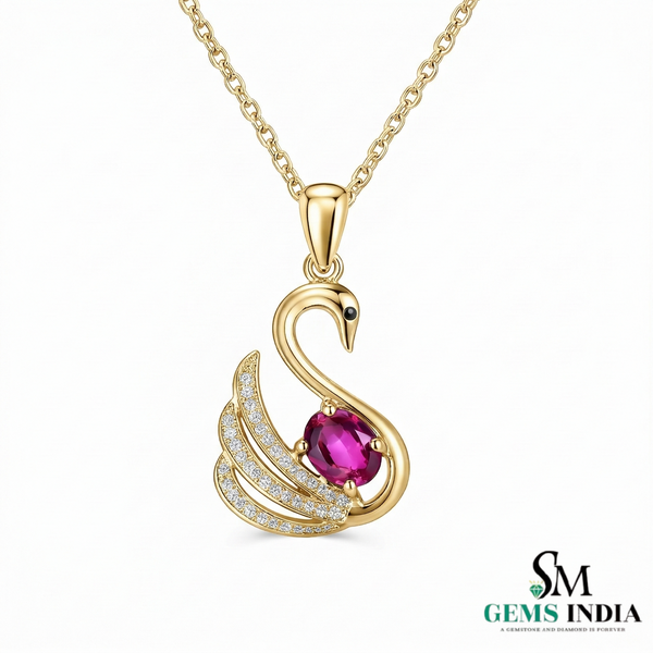Swan Design Ruby Pendant with Diamond Accents Unique Animal Design Jewelry
