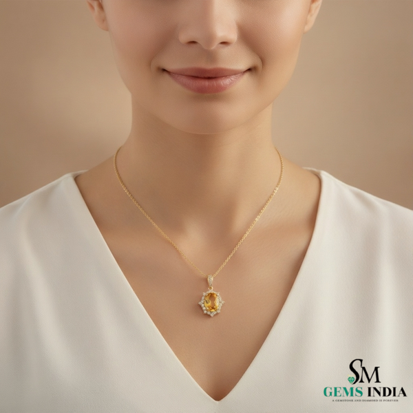 Elegant Oval Citrine & Diamond Halo Pendant - Minimalist Jewelry For her