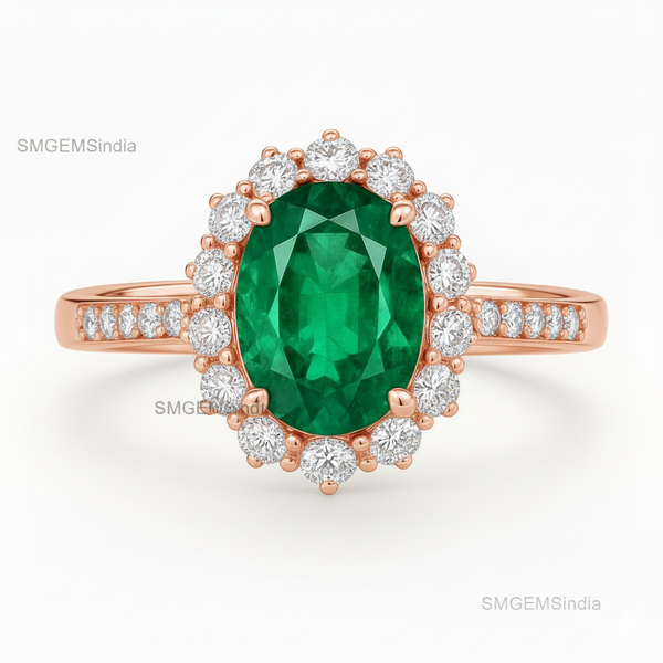 Oval cut Halo Ring Natural Green Emerald and Diamond Band in 14k Gold 4.50 carat Engagement ring
