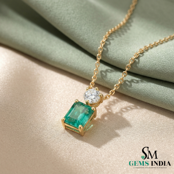 Emerald Cut Green Emerald Pendant with Round Diamond Accent