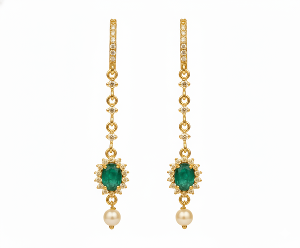 Oval cabochon Emerald Halo Dangle Earrings in Gold with Pearl Drop Elegant Gift for Her