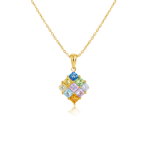 Multi Sapphire Gold Princess-Cut Multicolor Gemstone Square Pendant