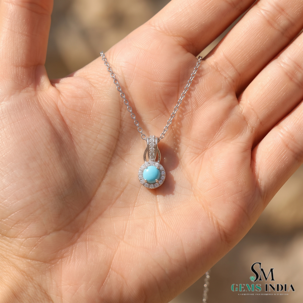 Classic Round Turquoise & Diamond Pendant – Luxury Statement Pendant Gift For Her