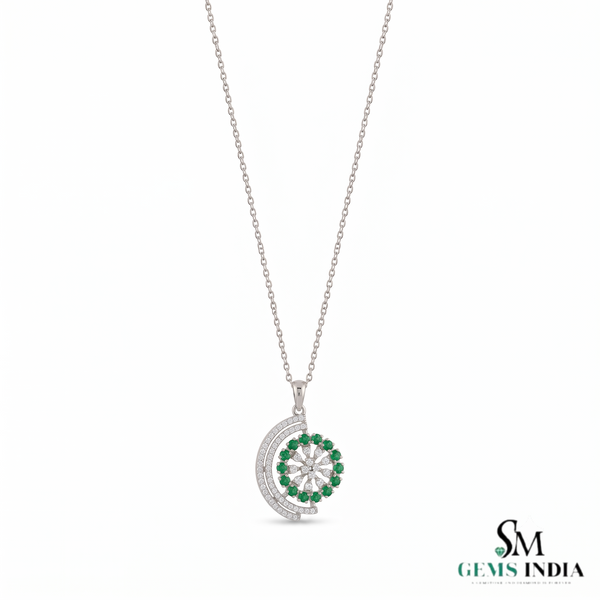 Round Natural Emerald and Diamond Spiral Flower Pendant in 18K Gold