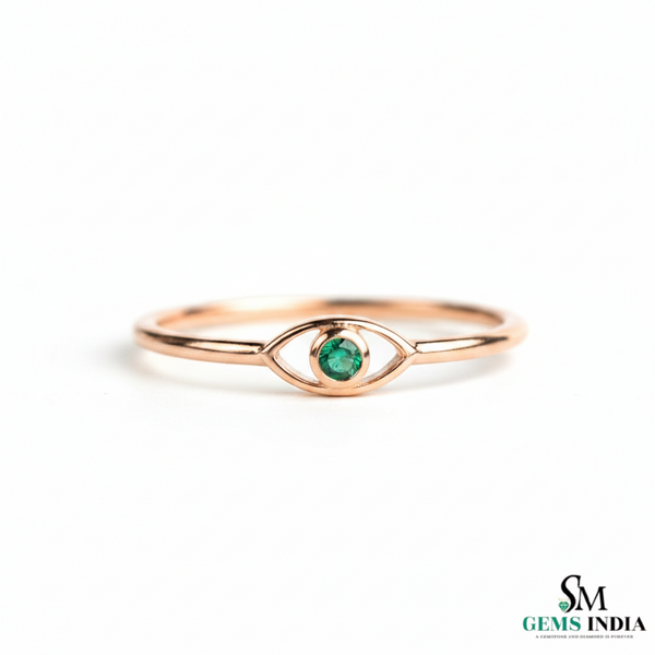 Delicate Natural Emerald Eye Symbol Fine Gold Band Ring - Minimalist emerald ring
