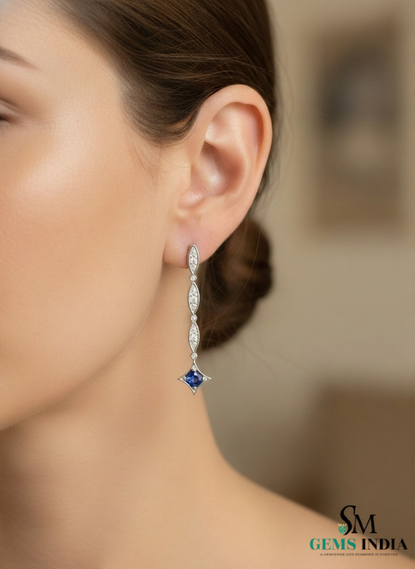 Square cut Natural Blue Tanzanite &; Diamond Long Drop Earrings in 14k and 18k Gold