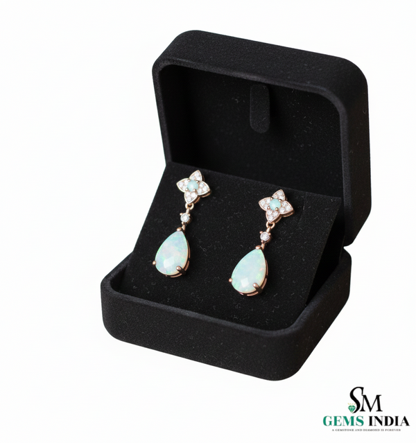 Pear Opal Stud with Round Opal Diamond Drop Earrings – October Birthstone