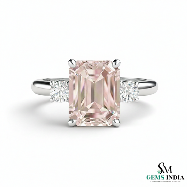 Emerald Cut Morganite Diamond Promise Ring in 18K Gold - Gift For Her
