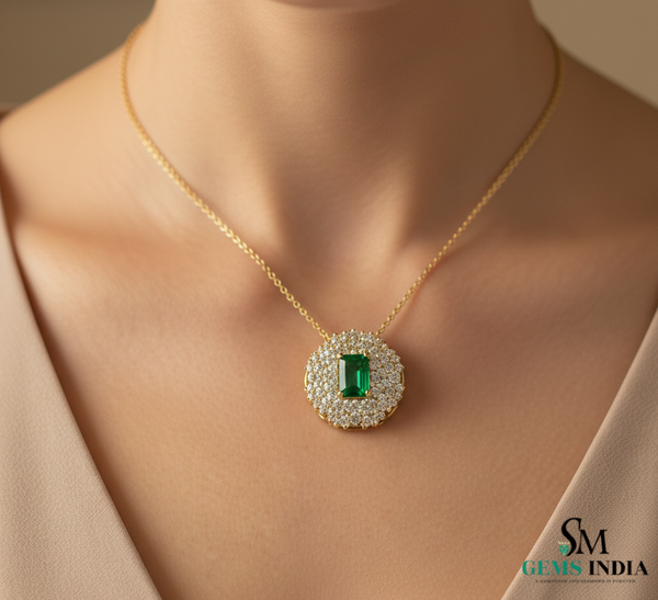 Emerald Cut Green Emerald & Diamond Halo Pendant Necklace