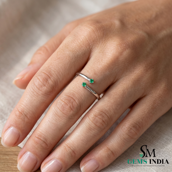 Emerald Bypass Ring in 14K Gold - Open Two Stone Adjustable Minimal Ring