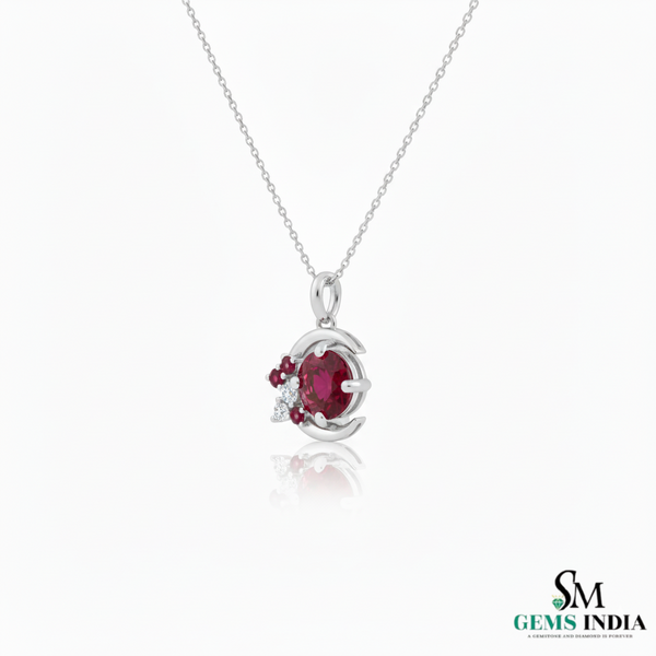 Round Cut Natural Ruby & Diamond Crescent Moon Pendant