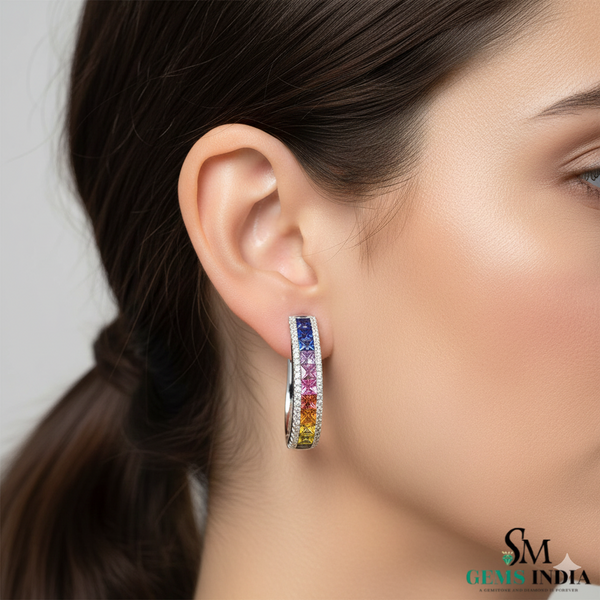 Princess cut Rainbow Sapphire Hoop Earrings in 18K Gold Channel-Set Hoop Earrings